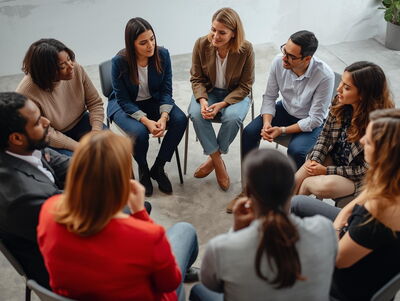Mehrere Personen sitzen in einem Kreis und diskutieren Lösungsansätze.