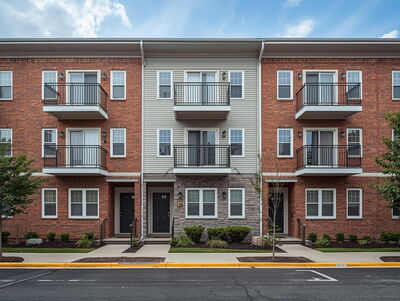 Zweistöckiger Backstein-Wohnblock mit drei Eingängen