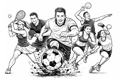 Grafische Darstellung mehrerer junger Personen, die begeistert Tennis, Fußball und Volleyball spielen