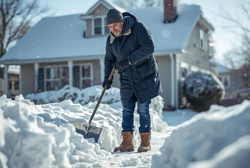 Anliegerpflichten im Winter in Dresden: Ein Mann räumt im Winter den Gehweg.