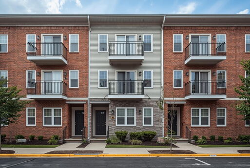 Zweistöckiger Backstein-Wohnblock mit drei Eingängen