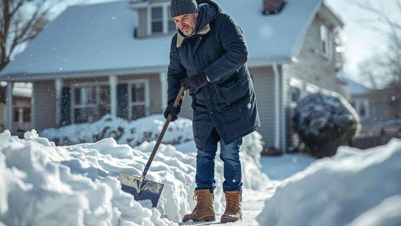 Anliegerpflichten im Winter in Dresden: Ein Mann räumt im Winter den Gehweg.