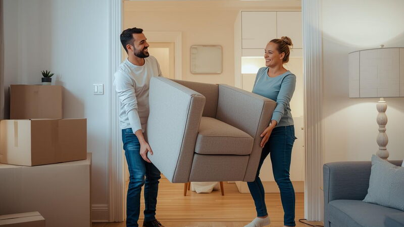 Wohnsitz online melden: Ein Mann und eine Frau tragen gemeinsam einen Sessel in ihr neues Wohnzimmer.