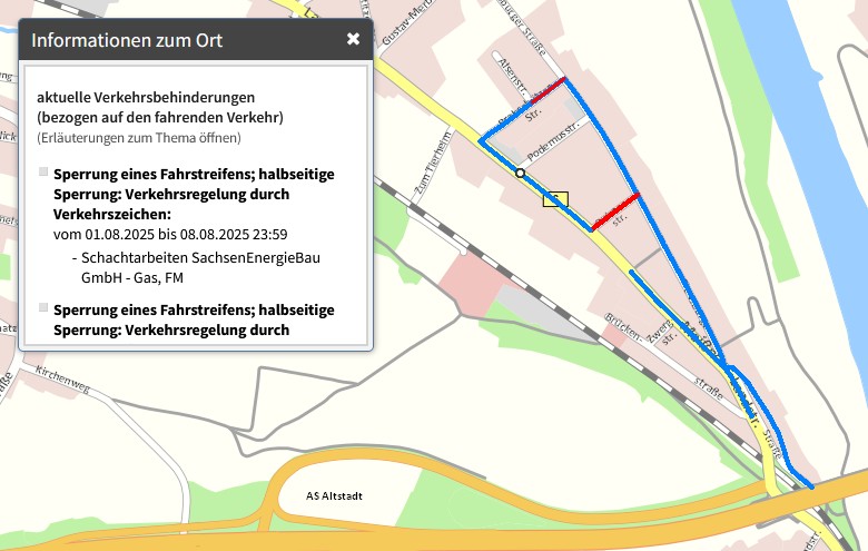 Themenstadtplan Dresden - Beispiel zum Auffinden von Baustellen Auszug aus dem Stadtplan von Dresden, in dem eine Baustelle blau und rot gekennzeichnet ist.